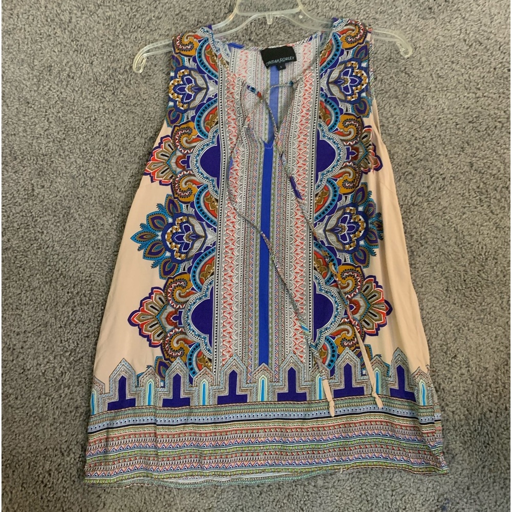 CYNTHIA ROWLEY-Size L-Pale Pink Bohemian Style Print Tank Blouse w/ Tie Front